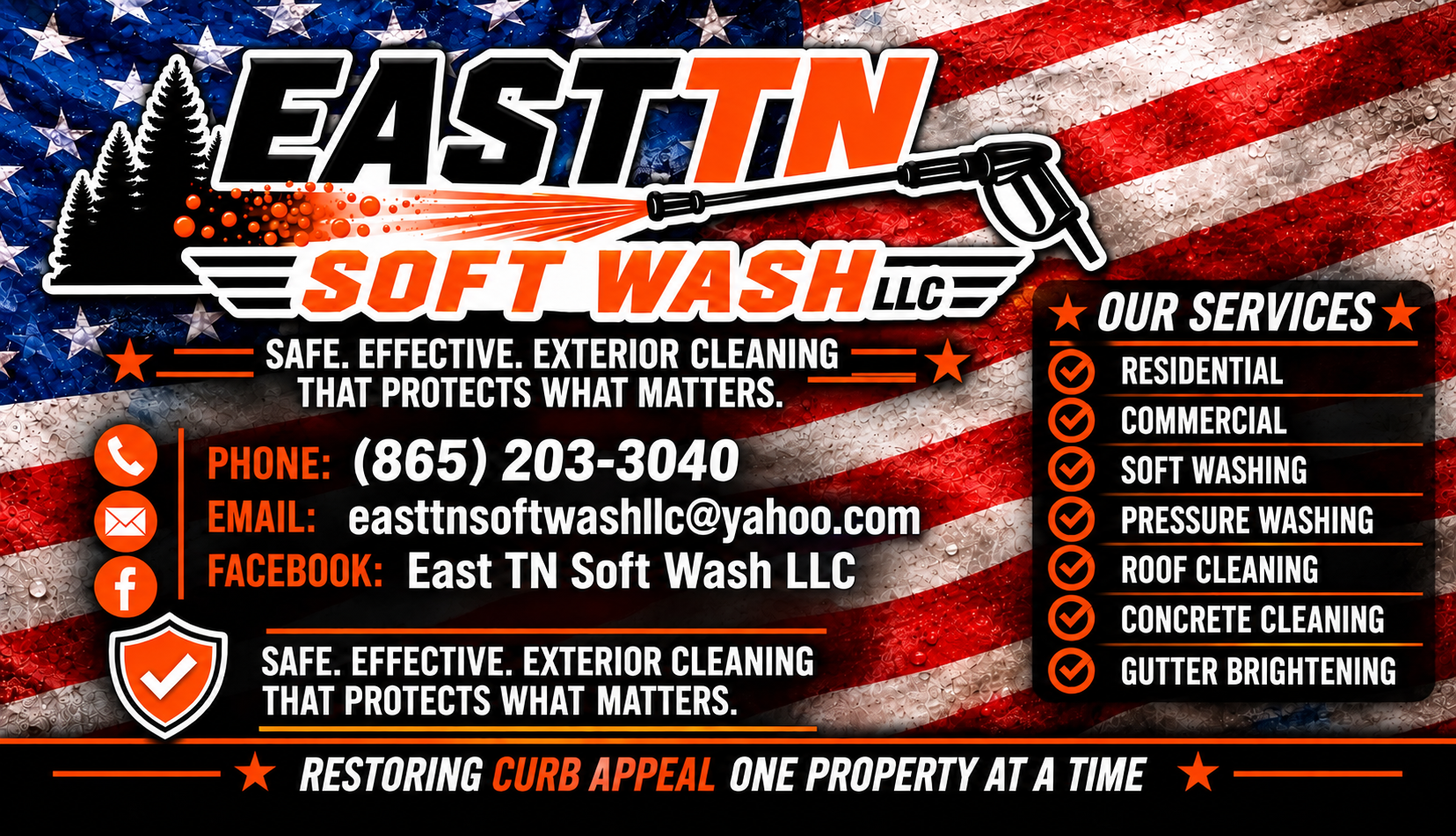 East TN Soft Wash LLC patriotic banner with American flag, orange and black logo, services, and contact information